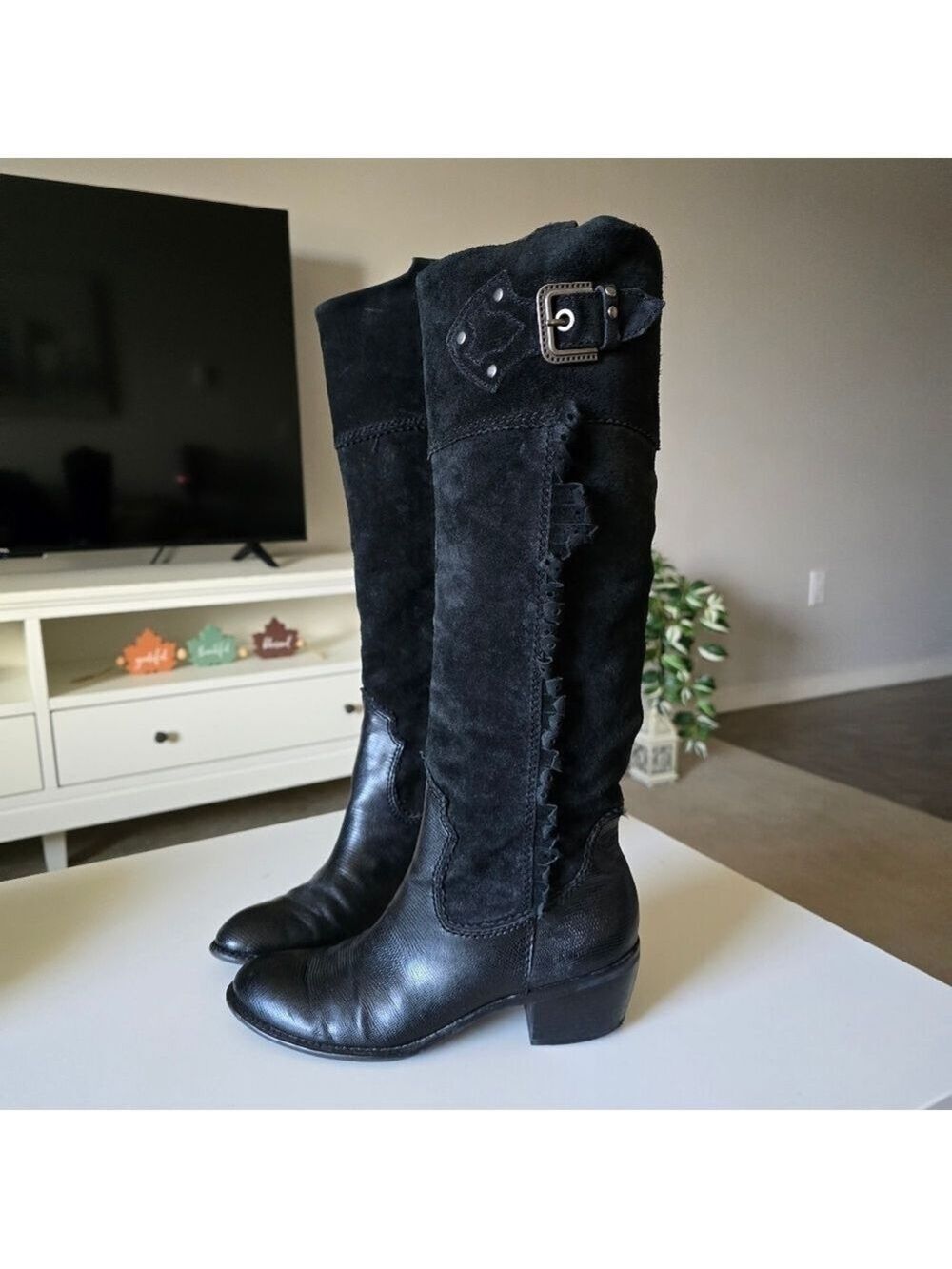 Vintage A Duke Black Leather & Suede Knee-High Boots